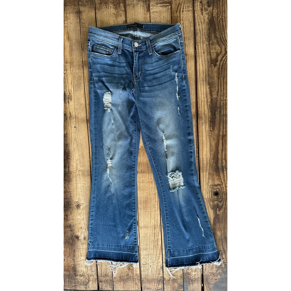 Flying Monkey Platinum Distressed Flare Jeans Medium Wash Frayed Hem Size 27